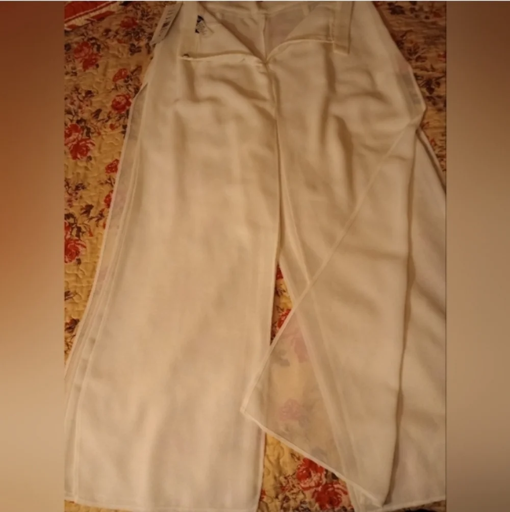 NWT Wide-Leg High Waisted Chiffon Trim White Pants Womens
